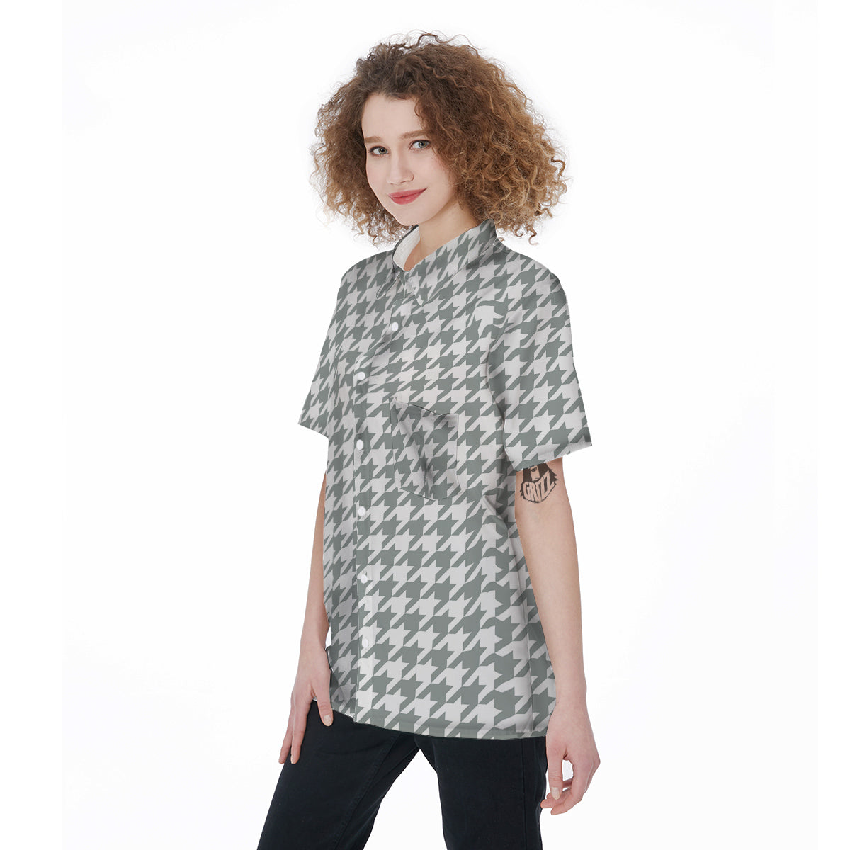 Silver Houndstooth Print Women's Short Sleeve Shirts-grizzshop