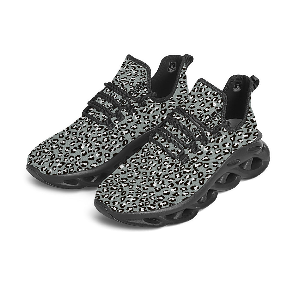 Silver Leopard Print Pattern Black Running Shoes-grizzshop