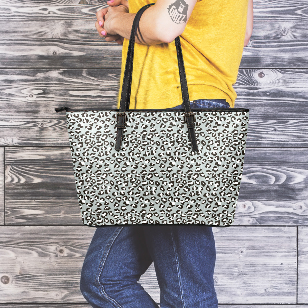 Silver Leopard Print Pattern Leather Tote Bag-grizzshop