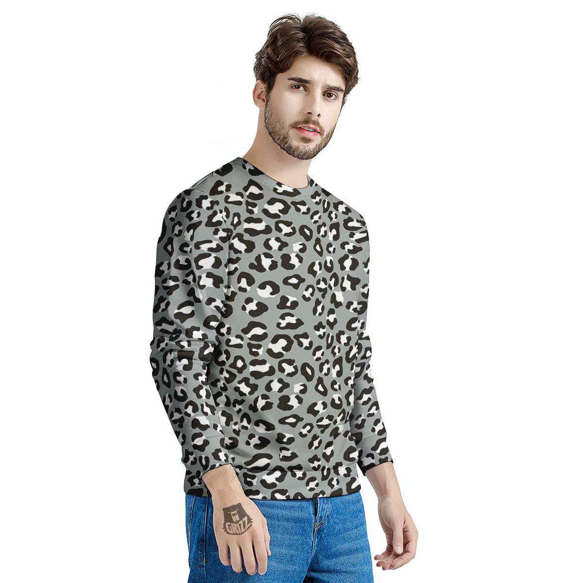 Silver Leopard Print Pattern Men's Sweatshirt-grizzshop