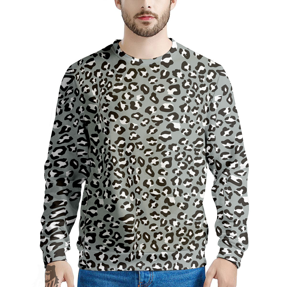 Silver Leopard Print Pattern Men's Sweatshirt-grizzshop