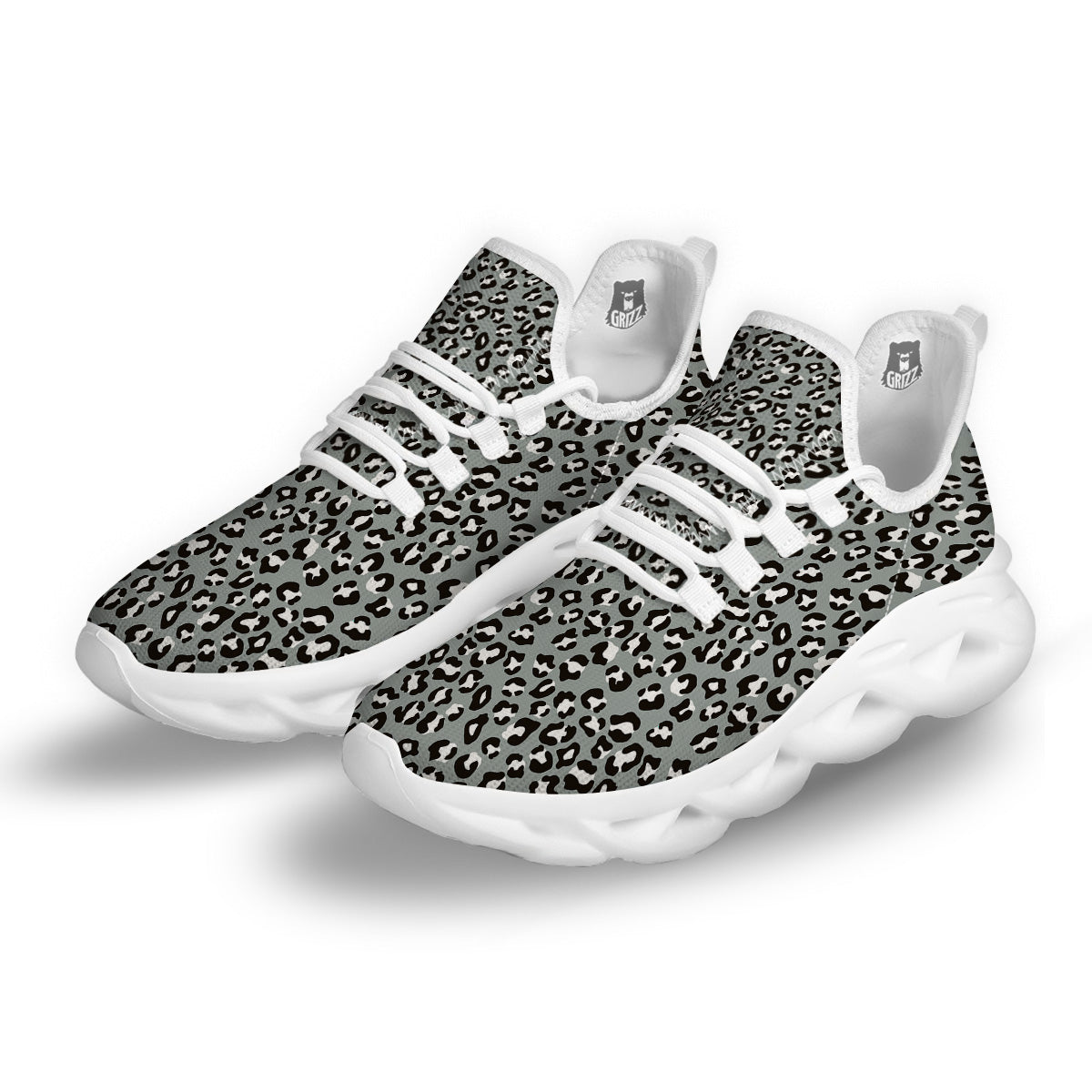 Silver Leopard Print Pattern White Running Shoes-grizzshop