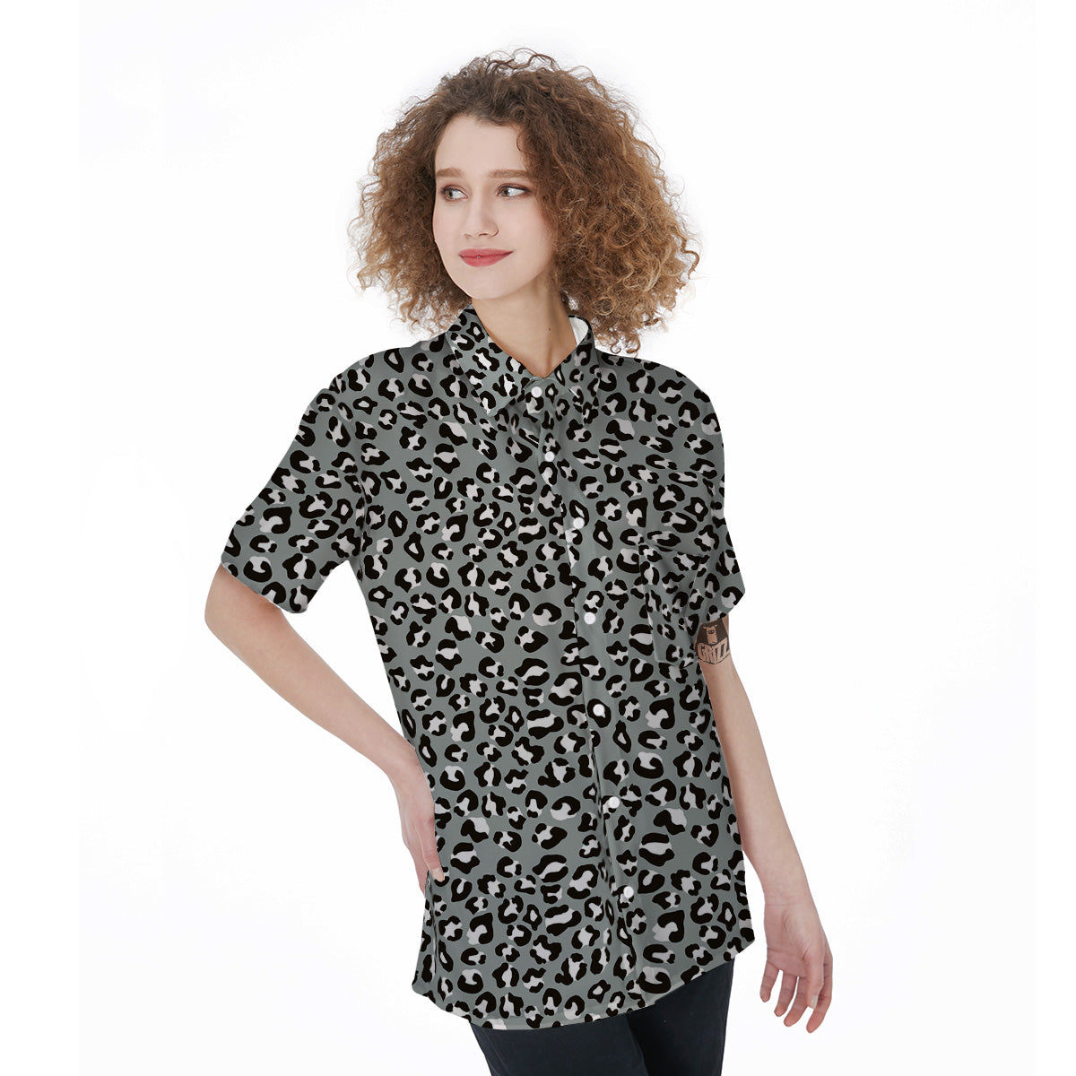 Silver Leopard Print Pattern Women's Short Sleeve Shirts-grizzshop
