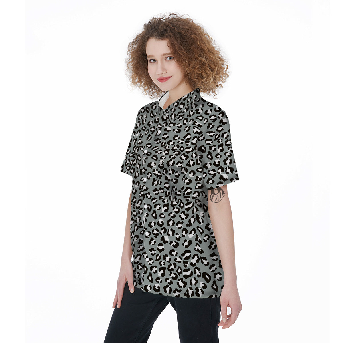 Silver Leopard Print Pattern Women's Short Sleeve Shirts-grizzshop