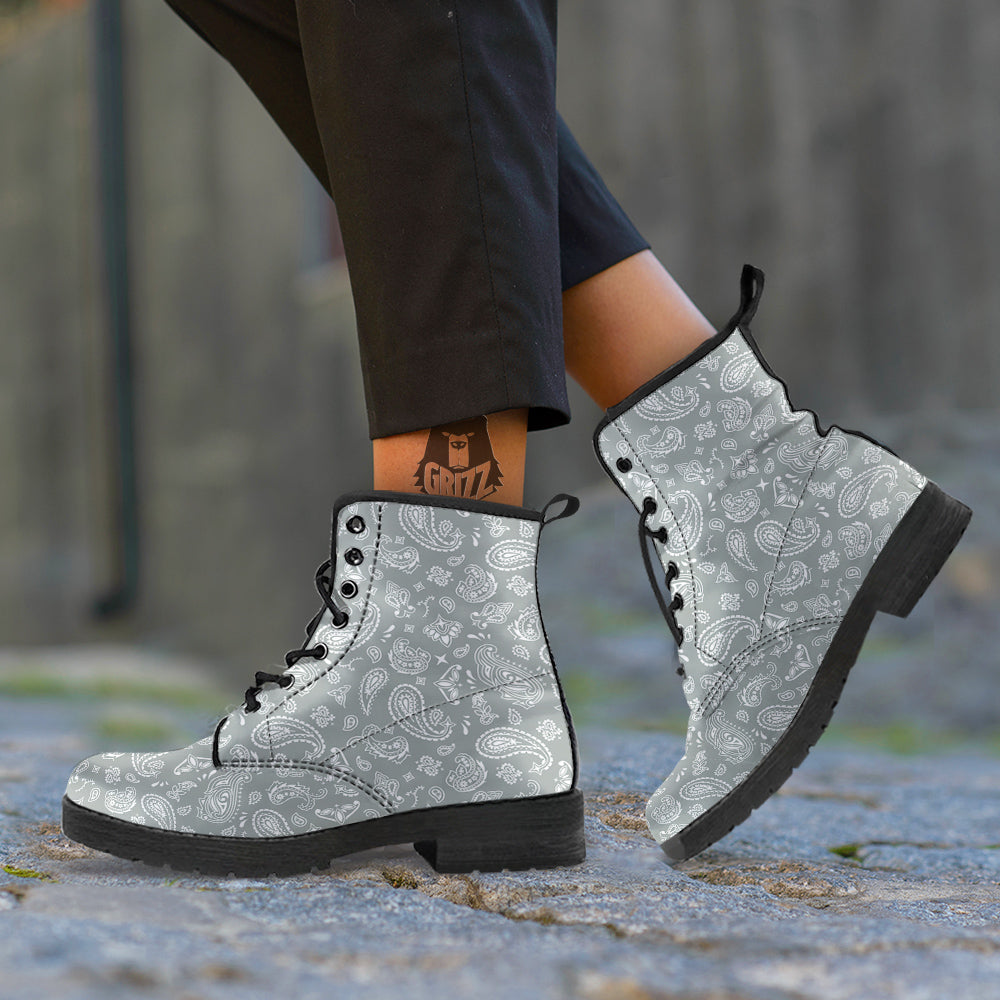 Silver Paisley Bandana Print Leather Boots-grizzshop