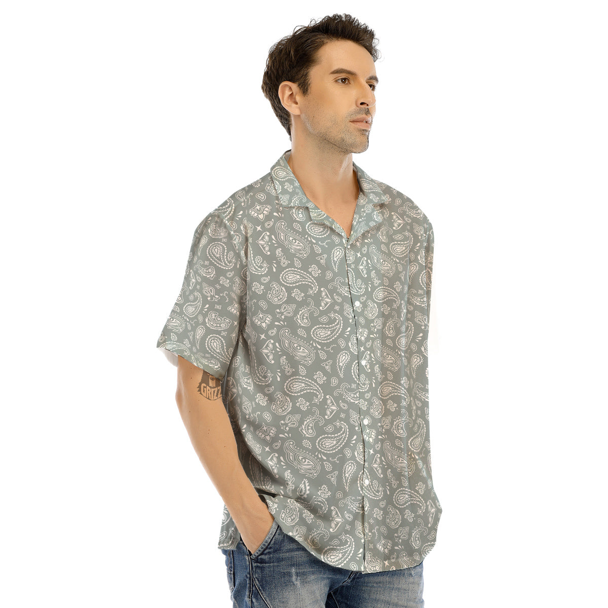 Silver Paisley Bandana Print Men’s Hawaiian Shirt-grizzshop