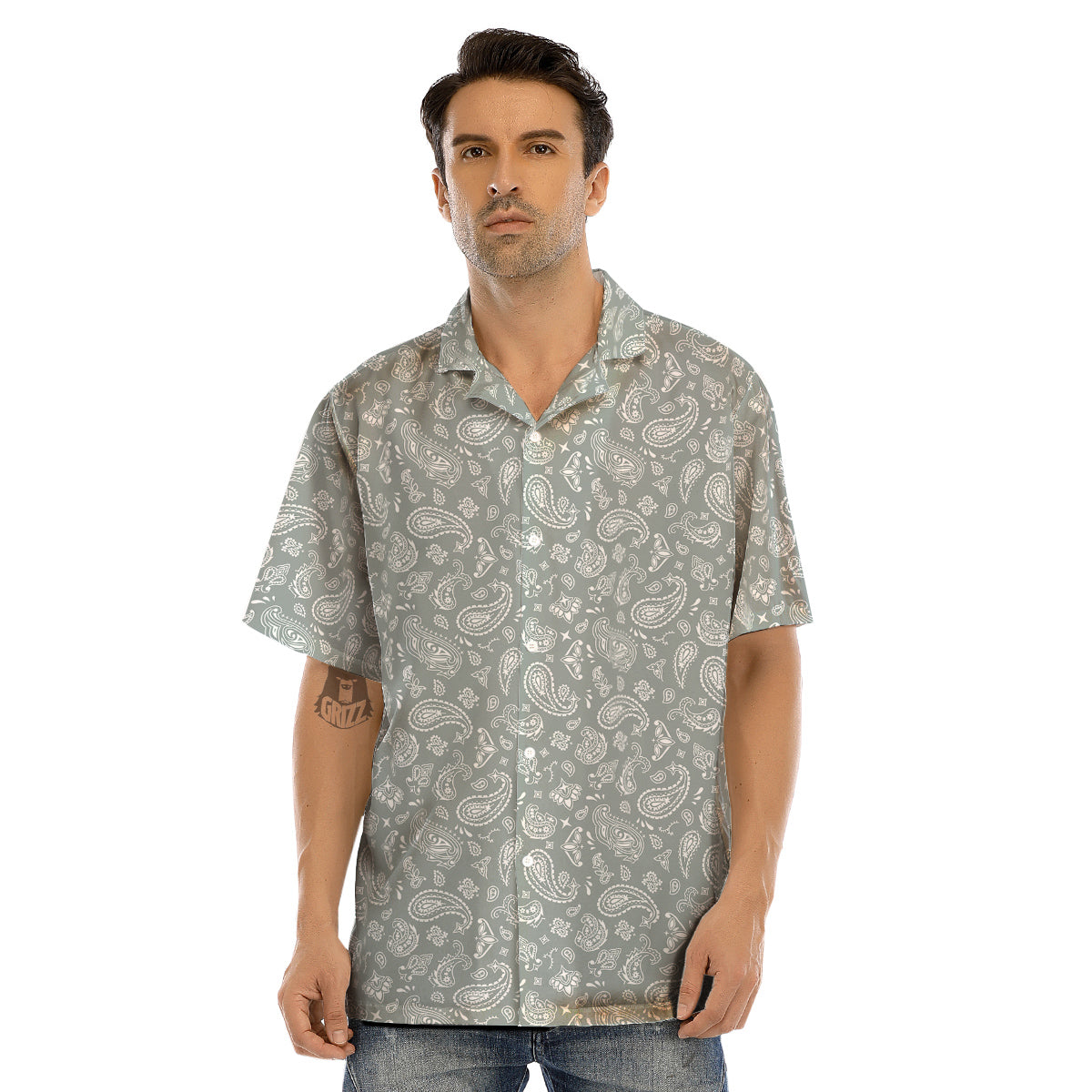 Silver Paisley Bandana Print Men’s Hawaiian Shirt-grizzshop