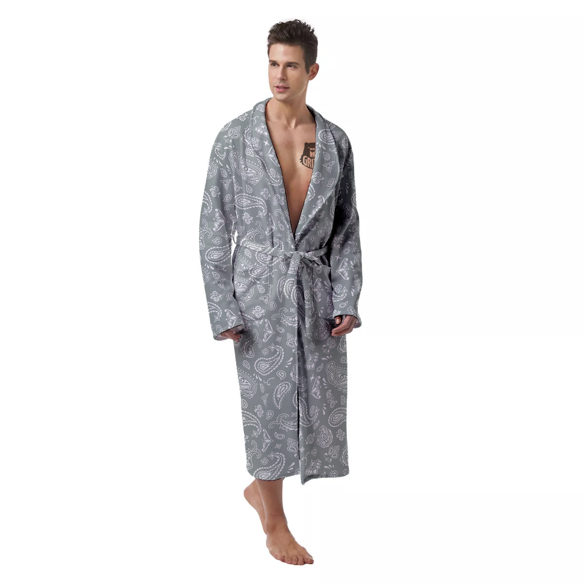 Silver Paisley Bandana Print Men's Robe-grizzshop