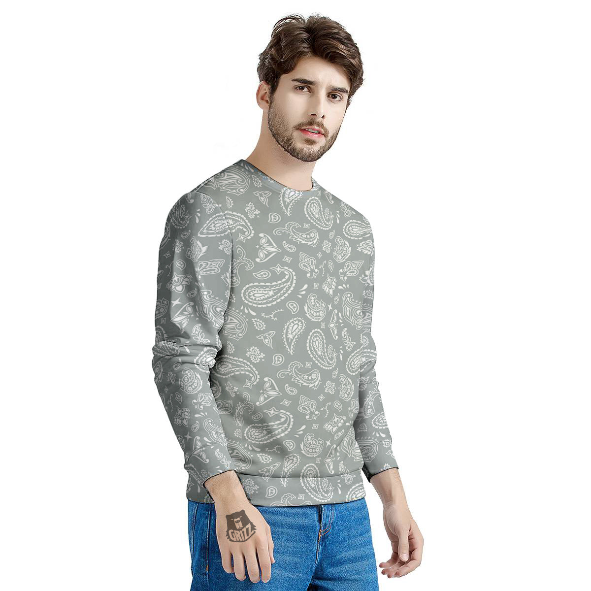 Silver Paisley Bandana Print Men's Sweatshirt-grizzshop