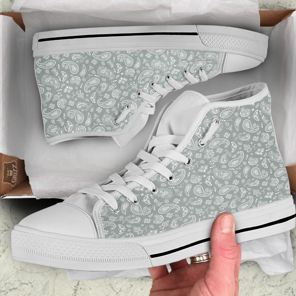 Silver Paisley Bandana Print White High Top Shoes-grizzshop