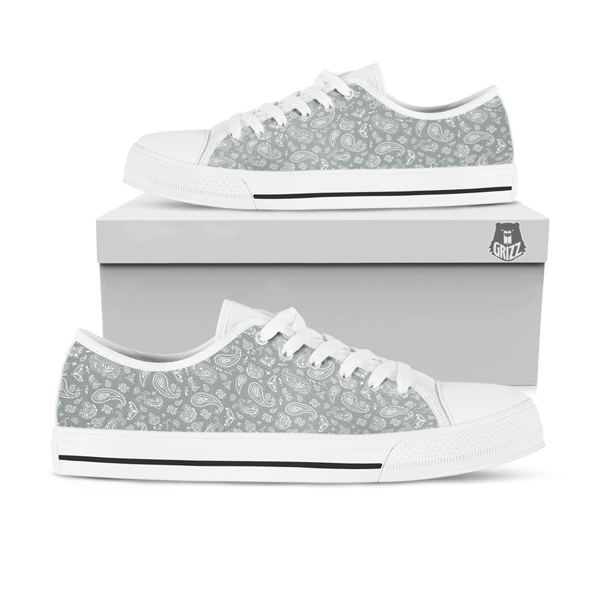 Silver Paisley Bandana Print White Low Top Shoes-grizzshop