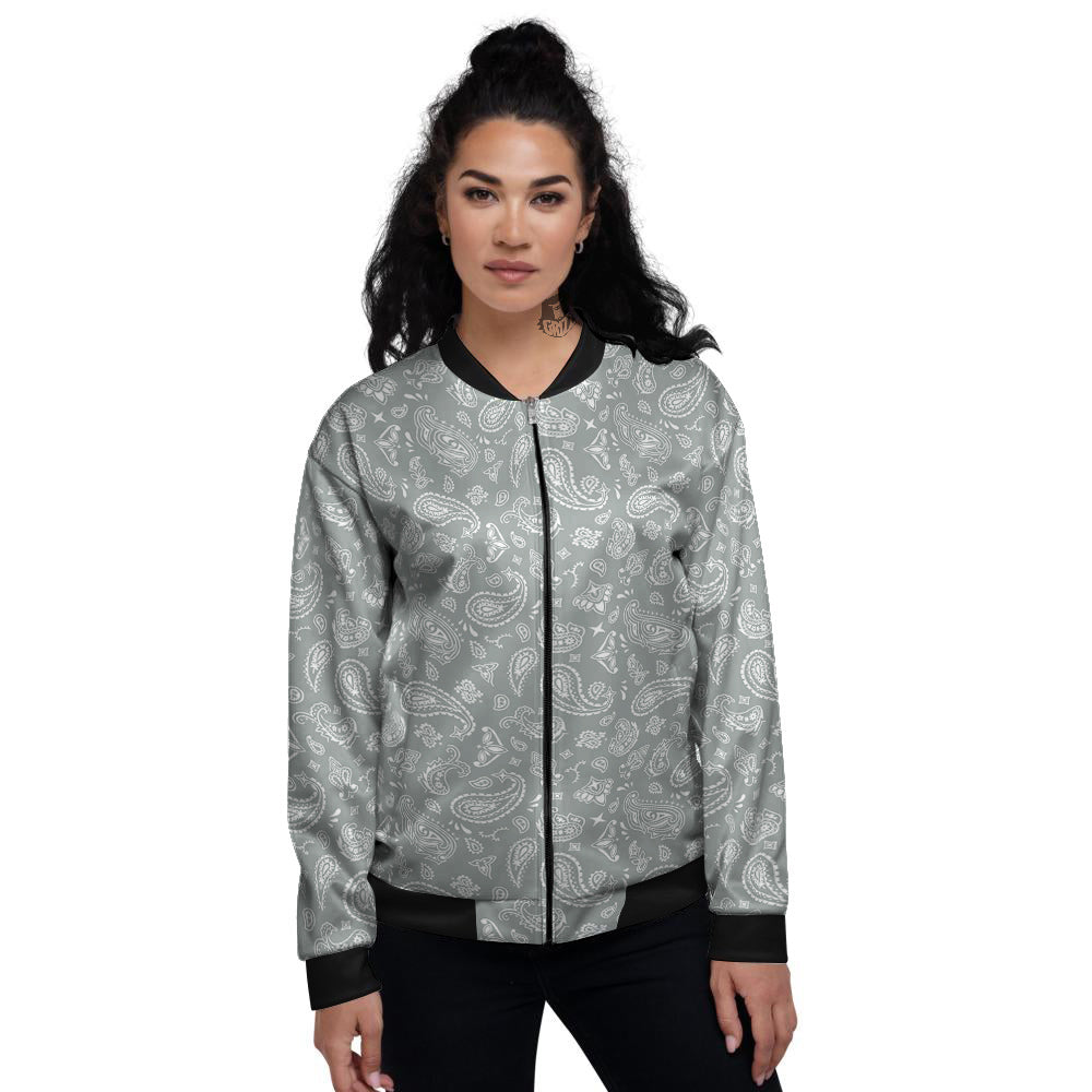 Silver Paisley Bandana Print Women's Bomber Jacket-grizzshop