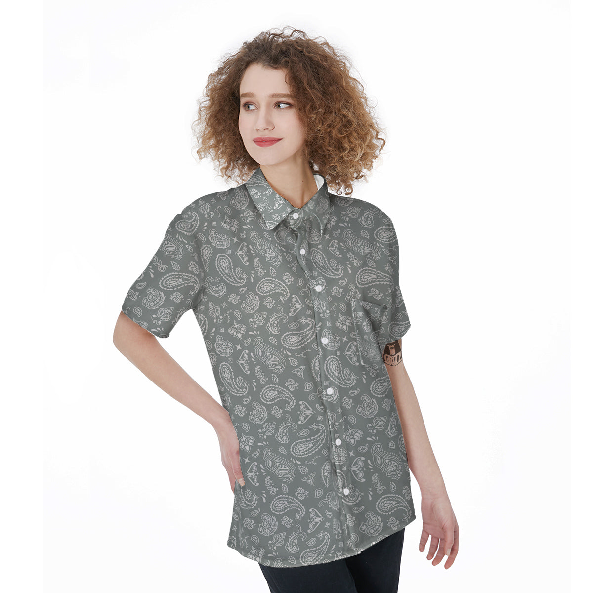 Silver Paisley Bandana Print Women's Short Sleeve Shirts-grizzshop