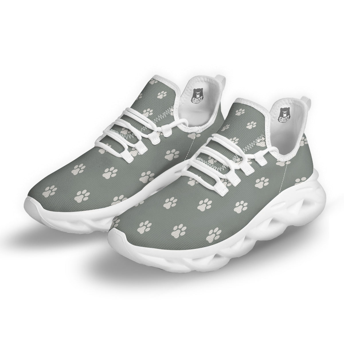 Silver Paw Print White Running Shoes-grizzshop