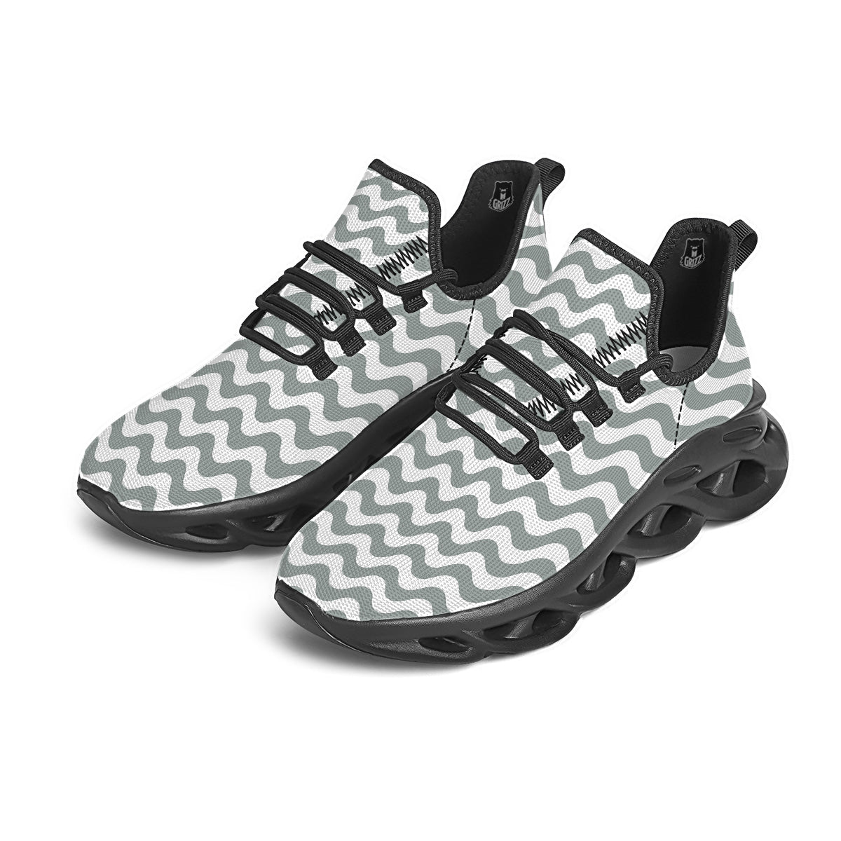 Silver Wave Striped Print Black Running Shoes-grizzshop