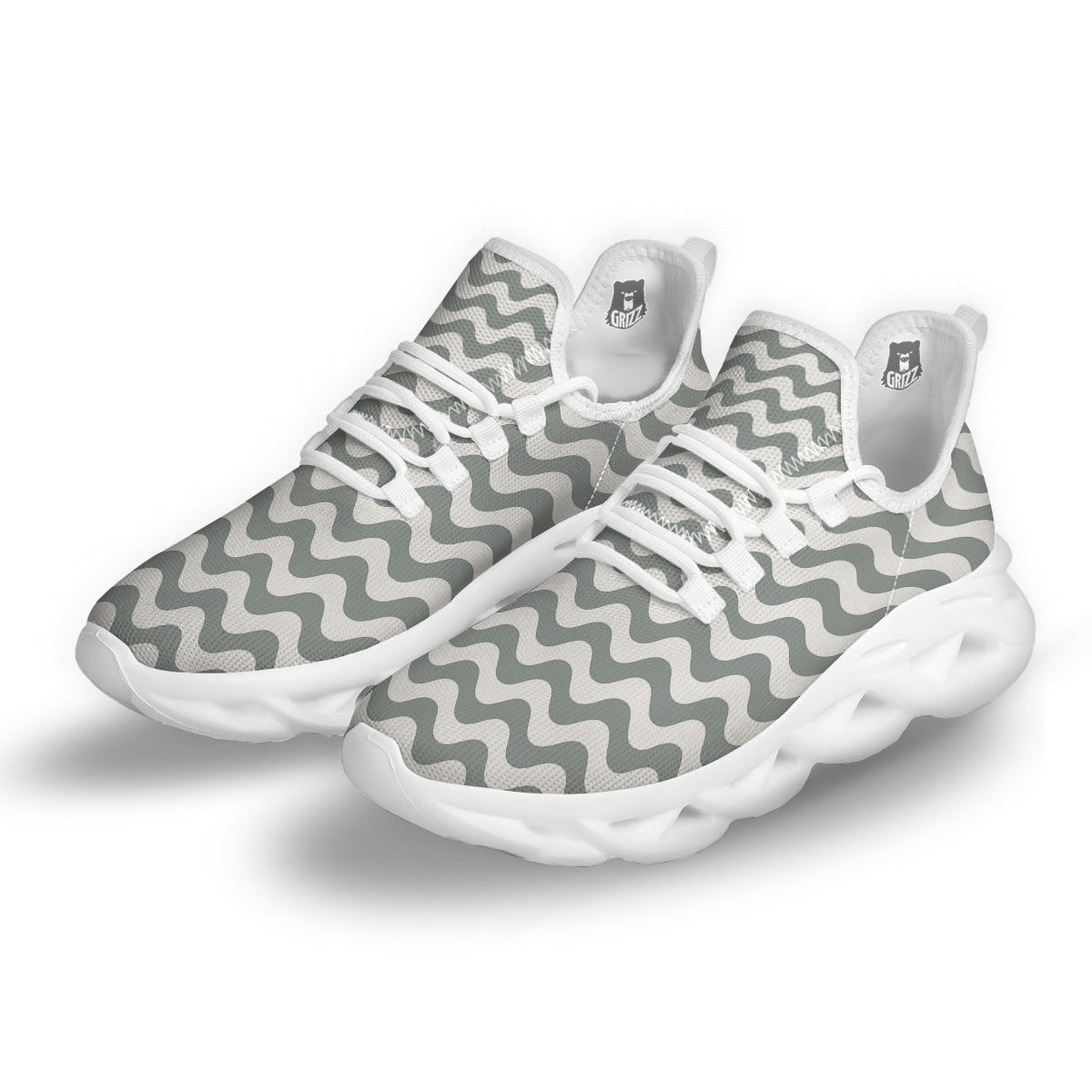 Silver Wave Striped Print White Running Shoes-grizzshop