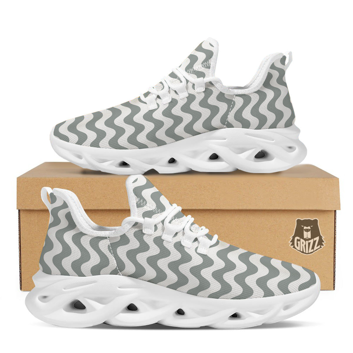 Silver Wave Striped Print White Running Shoes-grizzshop