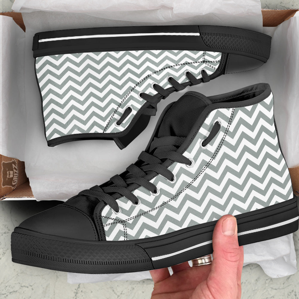Silver Zigzag Print Pattern Black High Top Shoes-grizzshop