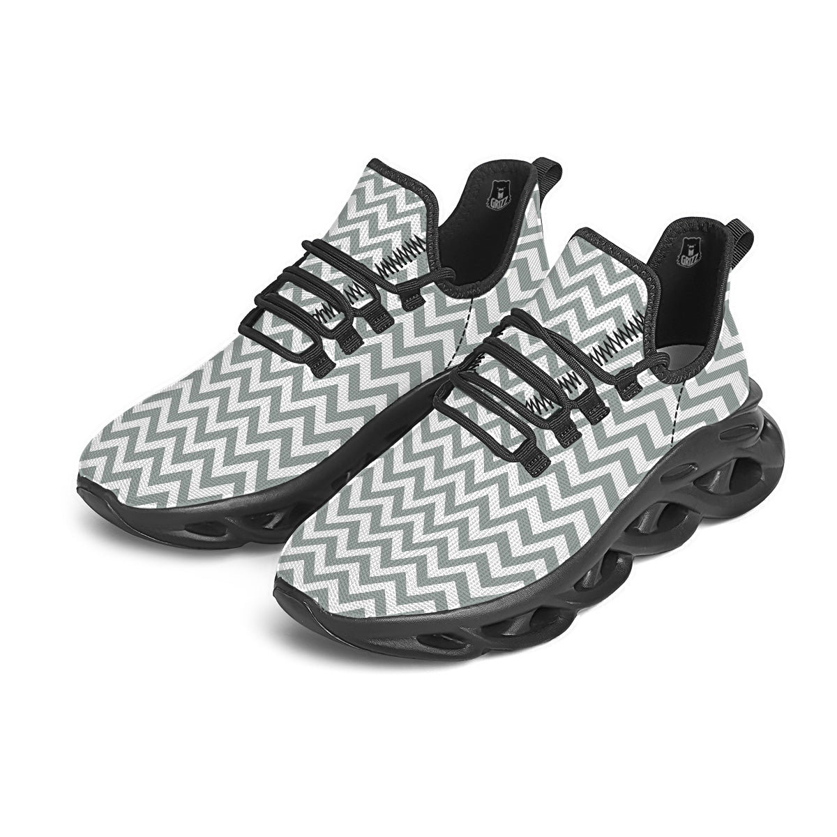 Silver Zigzag Print Pattern Black Running Shoes-grizzshop