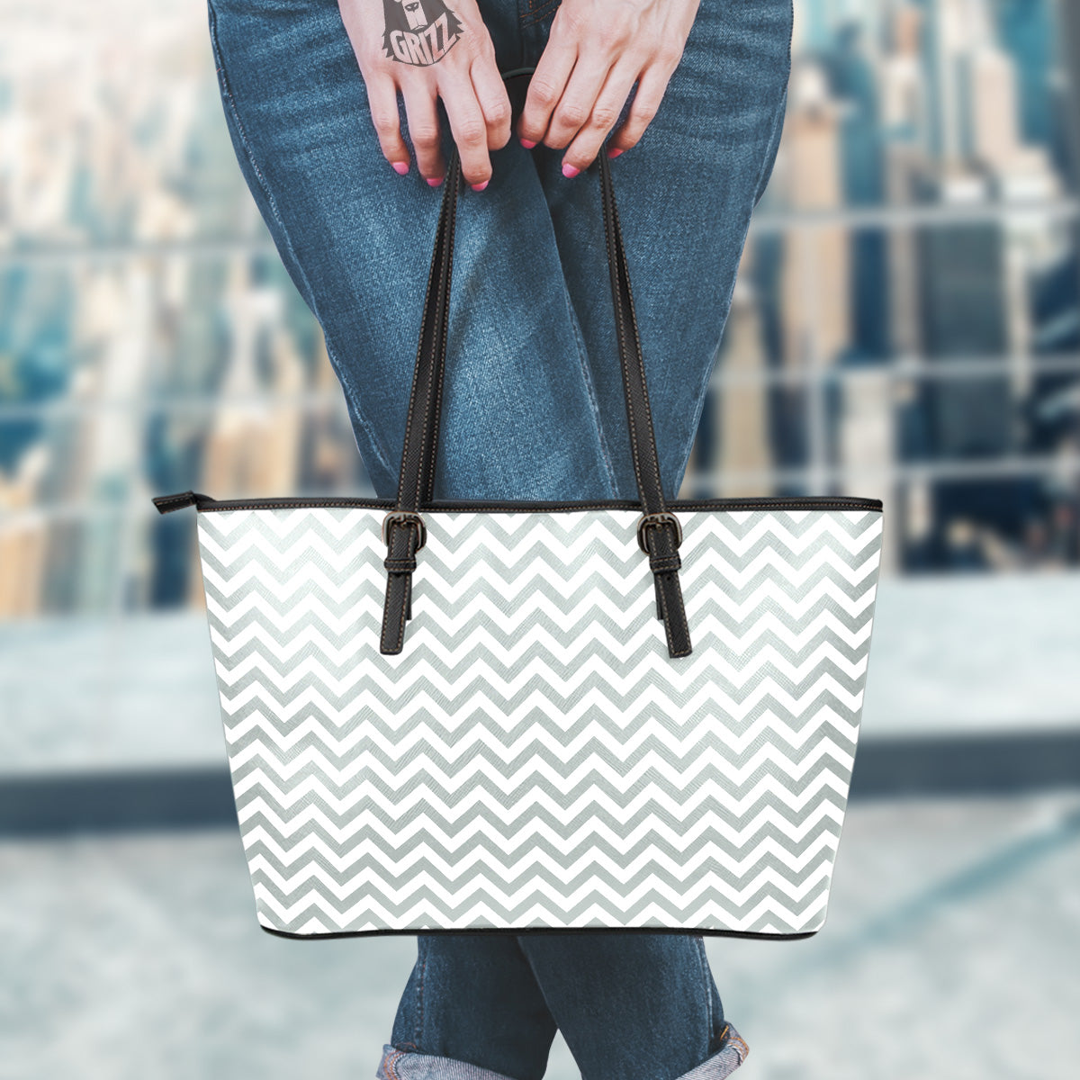 Silver Zigzag Print Pattern Leather Tote Bag-grizzshop