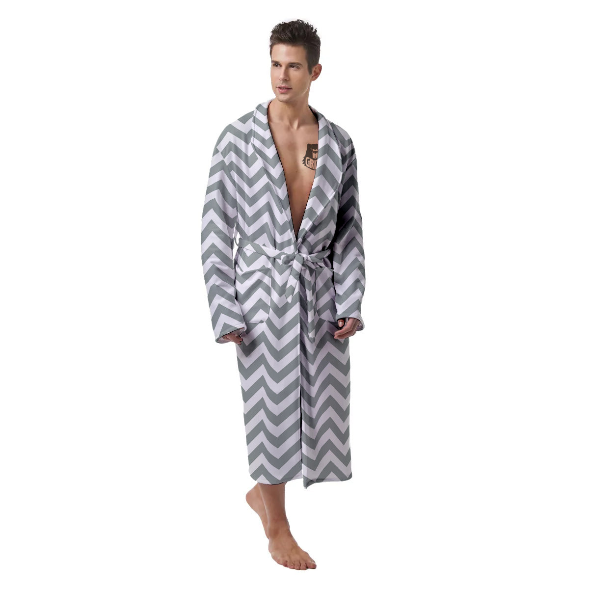 Silver Zigzag Print Pattern Men's Robe-grizzshop