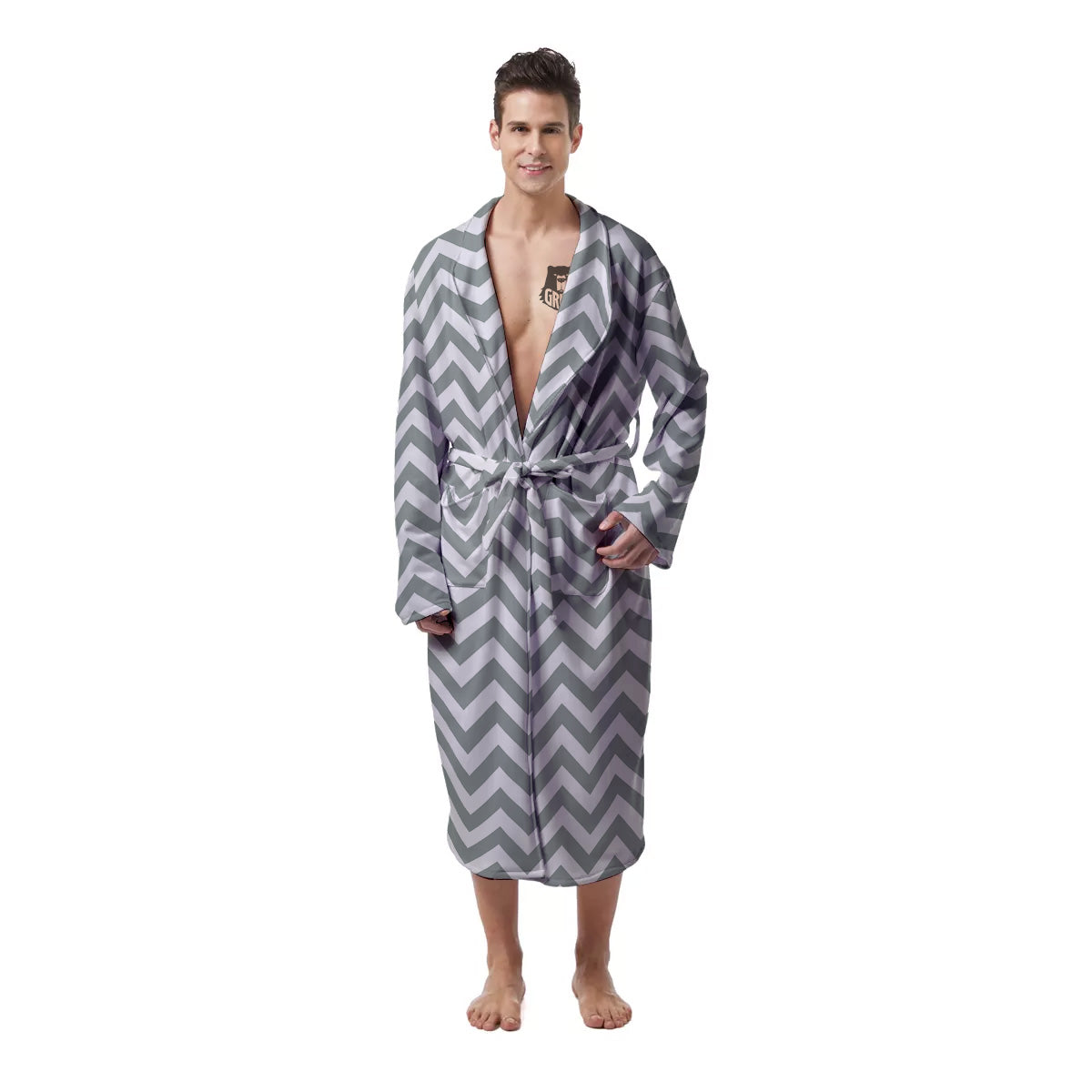 Silver Zigzag Print Pattern Men's Robe-grizzshop