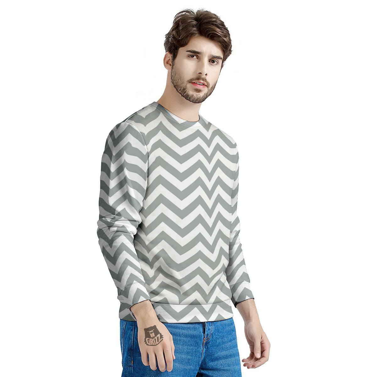 Silver Zigzag Print Pattern Men's Sweatshirt-grizzshop