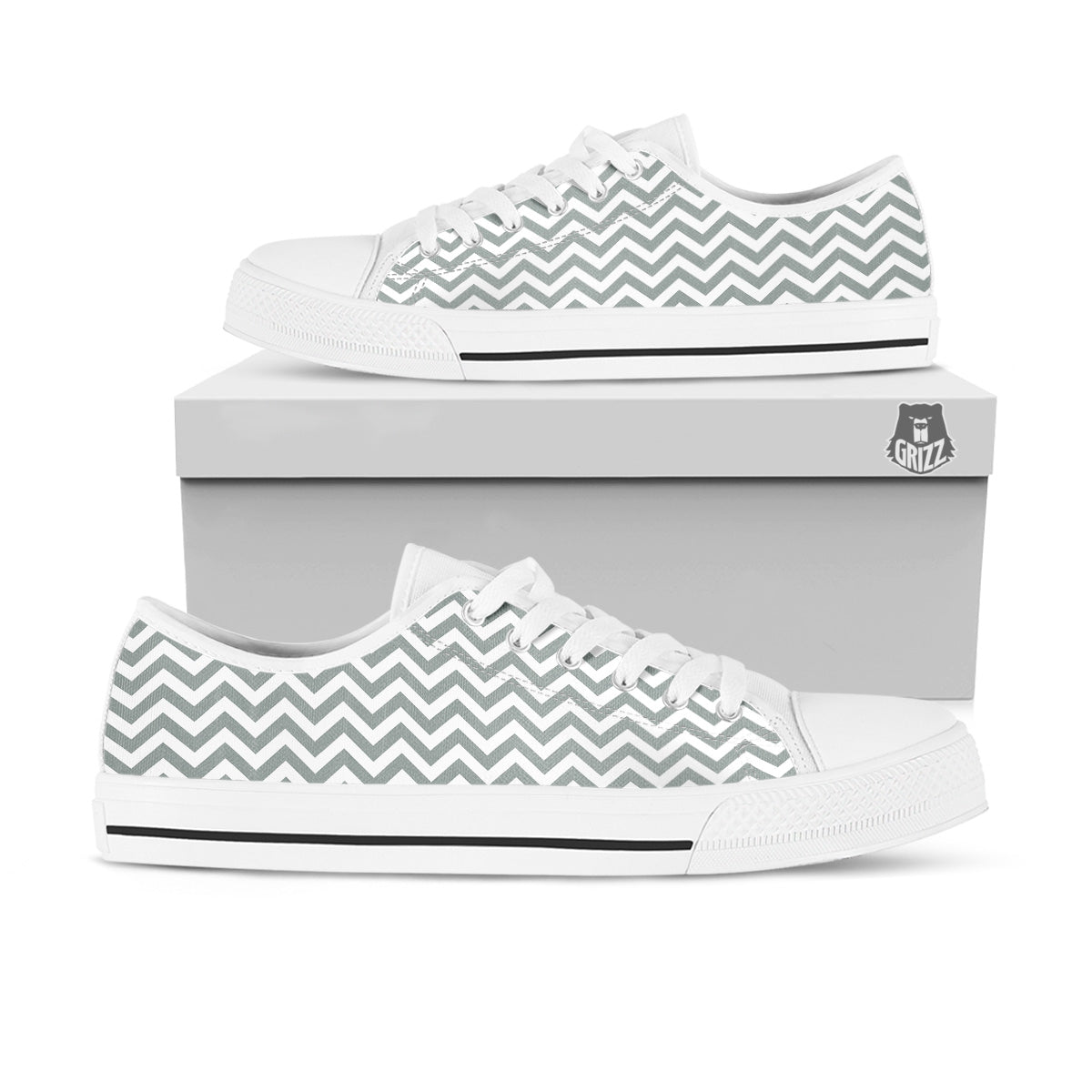 Silver Zigzag Print Pattern White Low Top Shoes-grizzshop