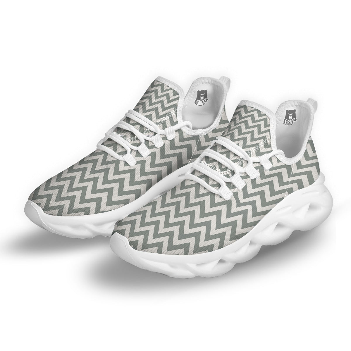 Silver Zigzag Print Pattern White Running Shoes-grizzshop