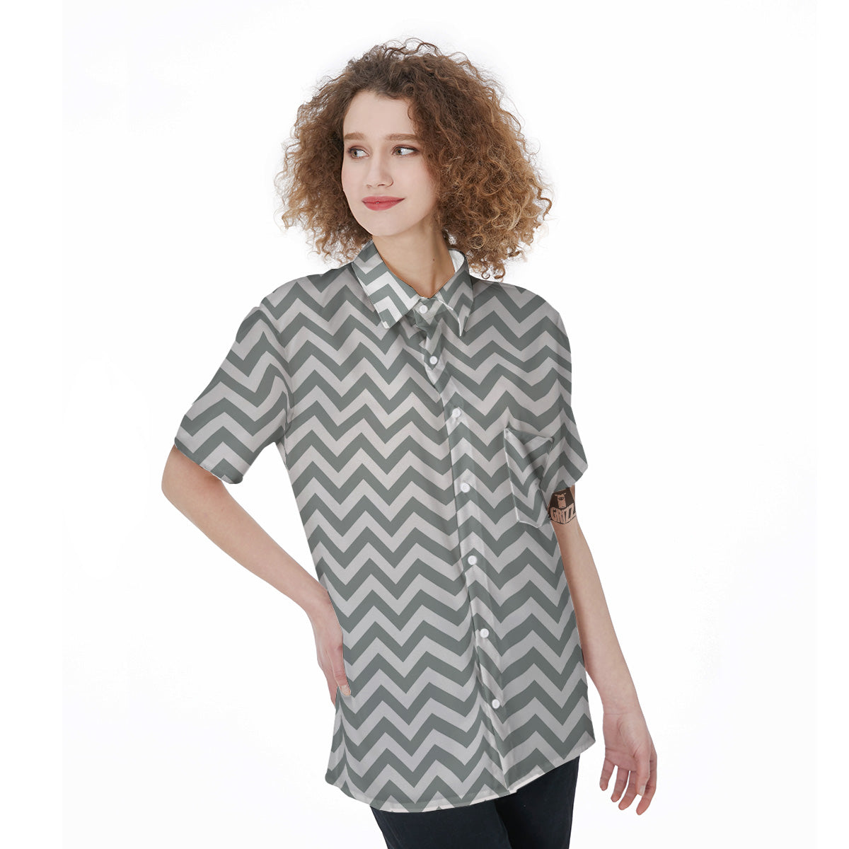 Silver Zigzag Print Pattern Women's Short Sleeve Shirts-grizzshop