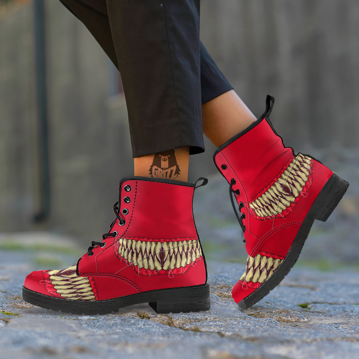 Sinister Smile Print Leather Boots-grizzshop