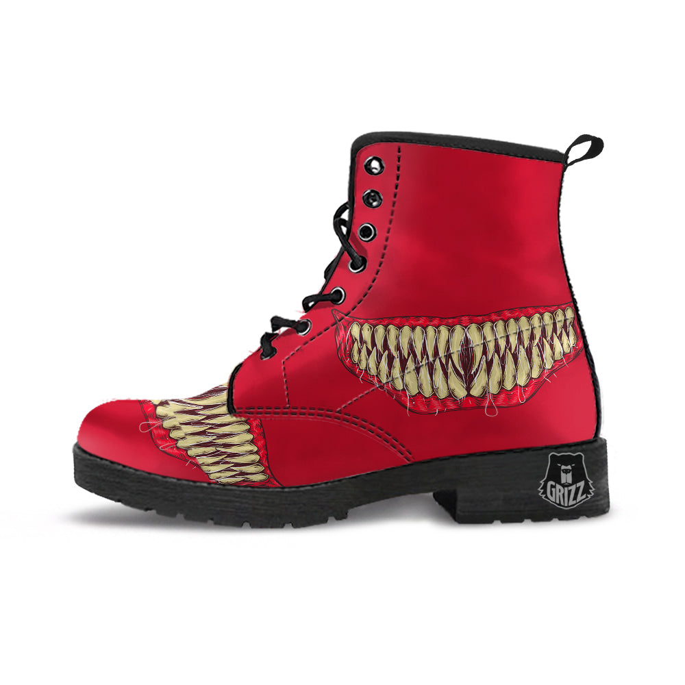 Sinister Smile Print Leather Boots-grizzshop