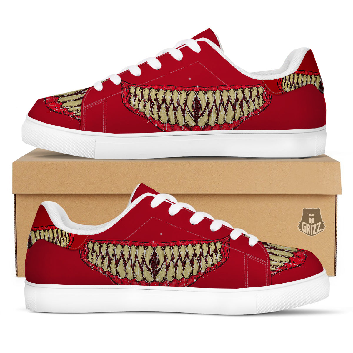 Sinister Smile Print White Low Top Sneakers-grizzshop