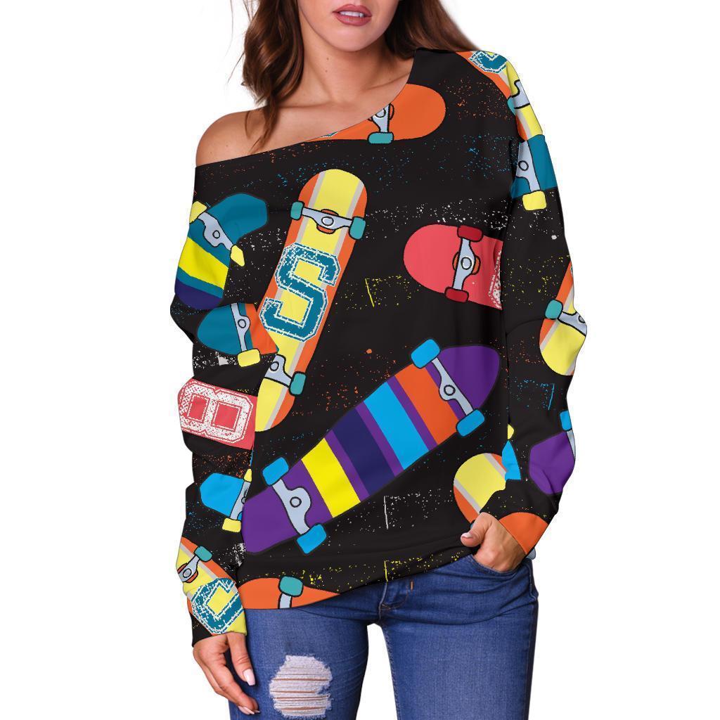 Skateboard Colorful Pattern Print Women Off Shoulder Sweatshirt-grizzshop