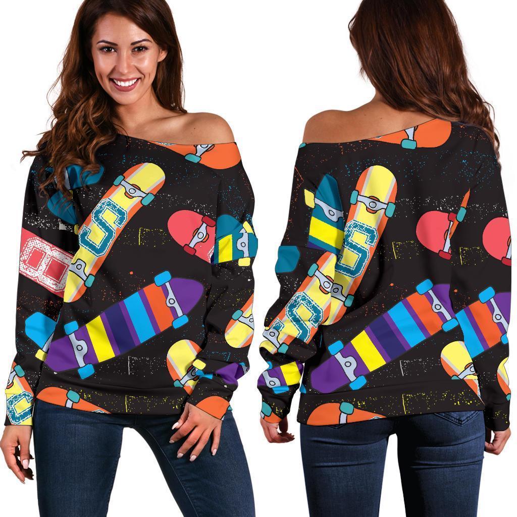 Skateboard Colorful Pattern Print Women Off Shoulder Sweatshirt-grizzshop