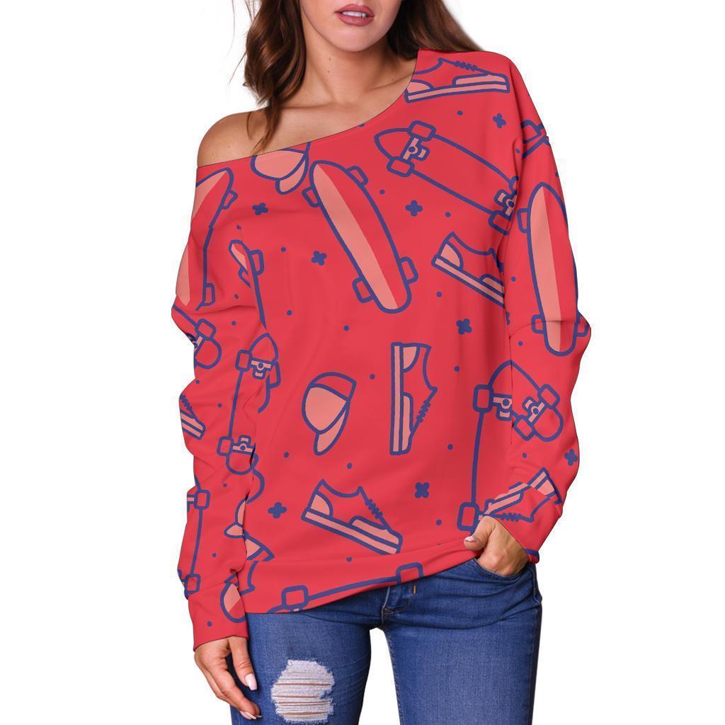 Skateboard Pattern Print Women Off Shoulder Sweatshirt-grizzshop