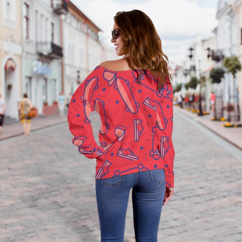 Skateboard Pattern Print Women Off Shoulder Sweatshirt-grizzshop