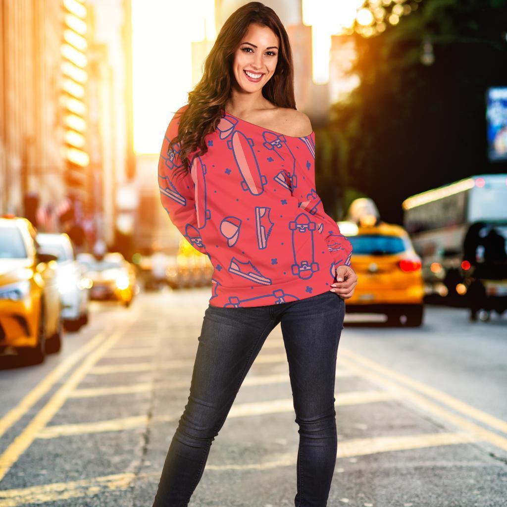 Skateboard Pattern Print Women Off Shoulder Sweatshirt-grizzshop