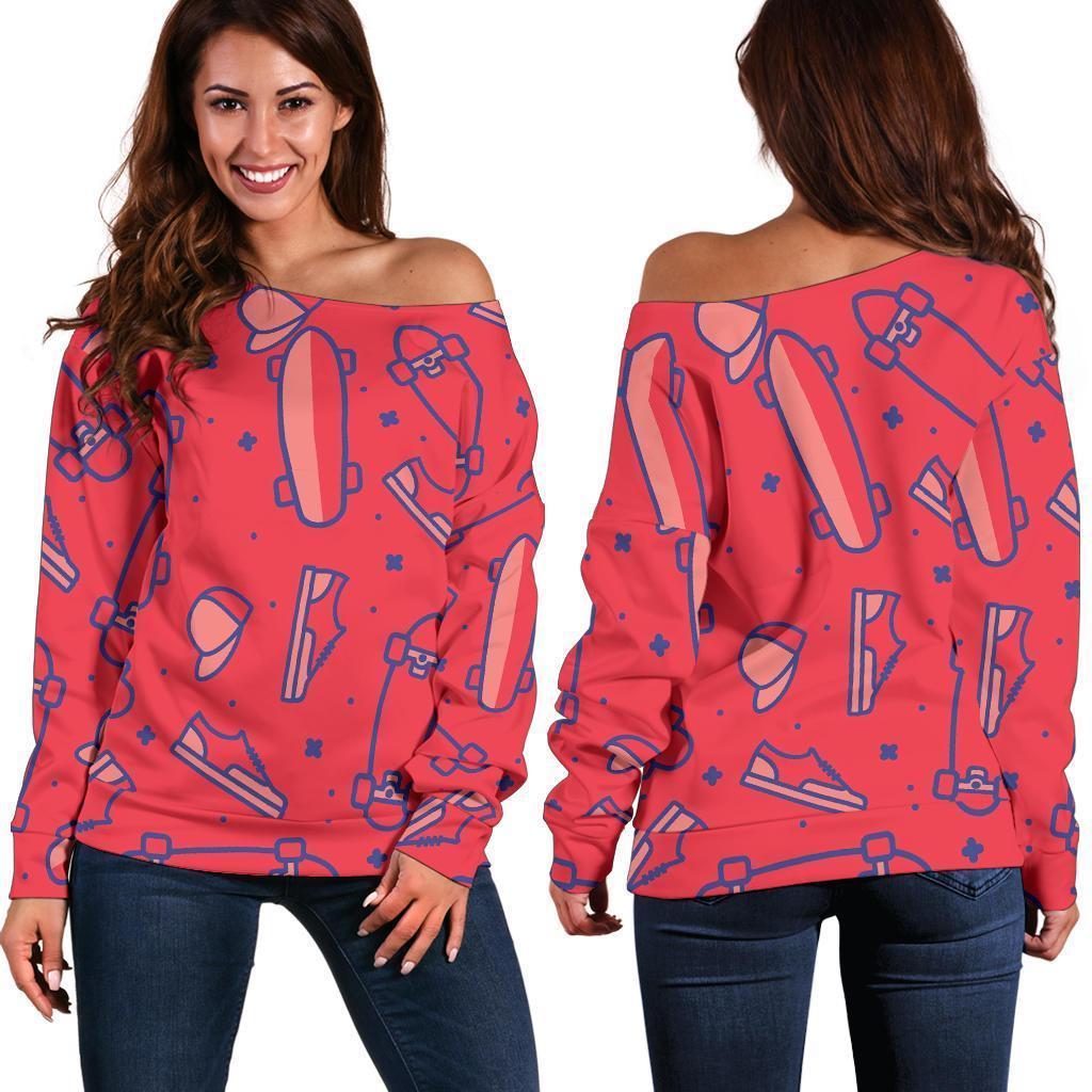 Skateboard Pattern Print Women Off Shoulder Sweatshirt-grizzshop