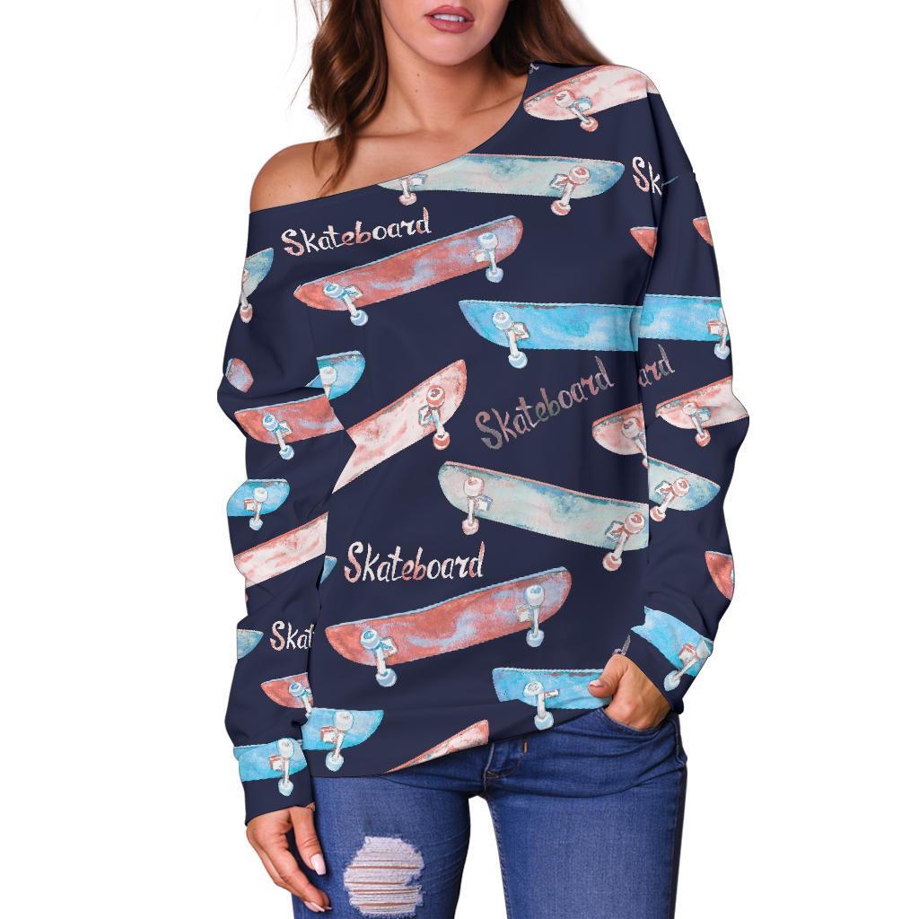 Skateboard Print Pattern Women Off Shoulder Sweatshirt-grizzshop