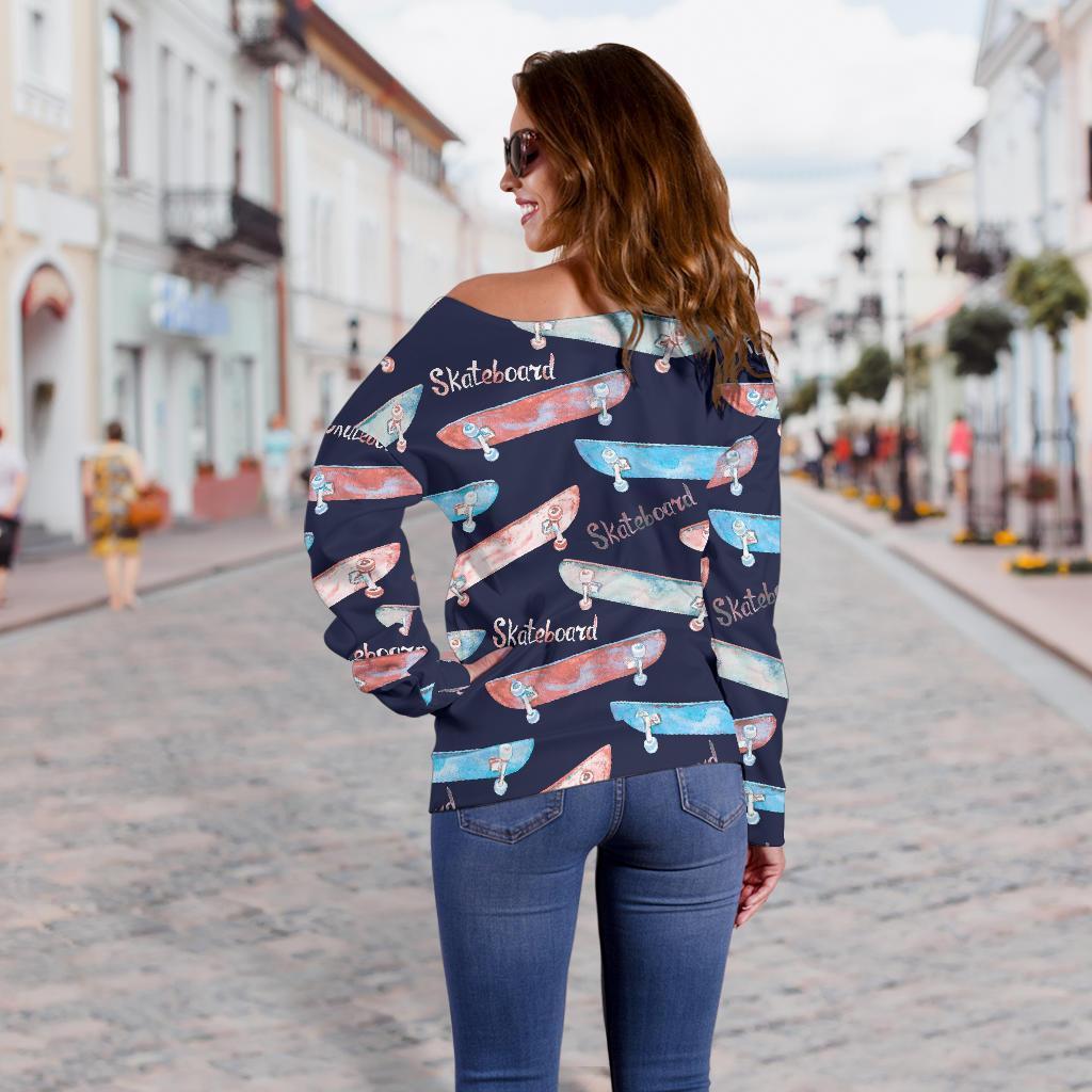 Skateboard Print Pattern Women Off Shoulder Sweatshirt-grizzshop