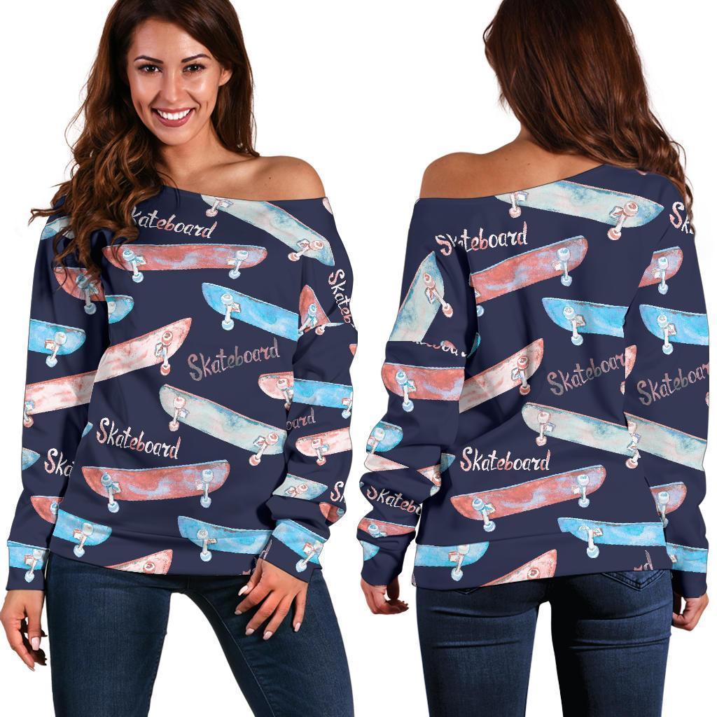 Skateboard Print Pattern Women Off Shoulder Sweatshirt-grizzshop