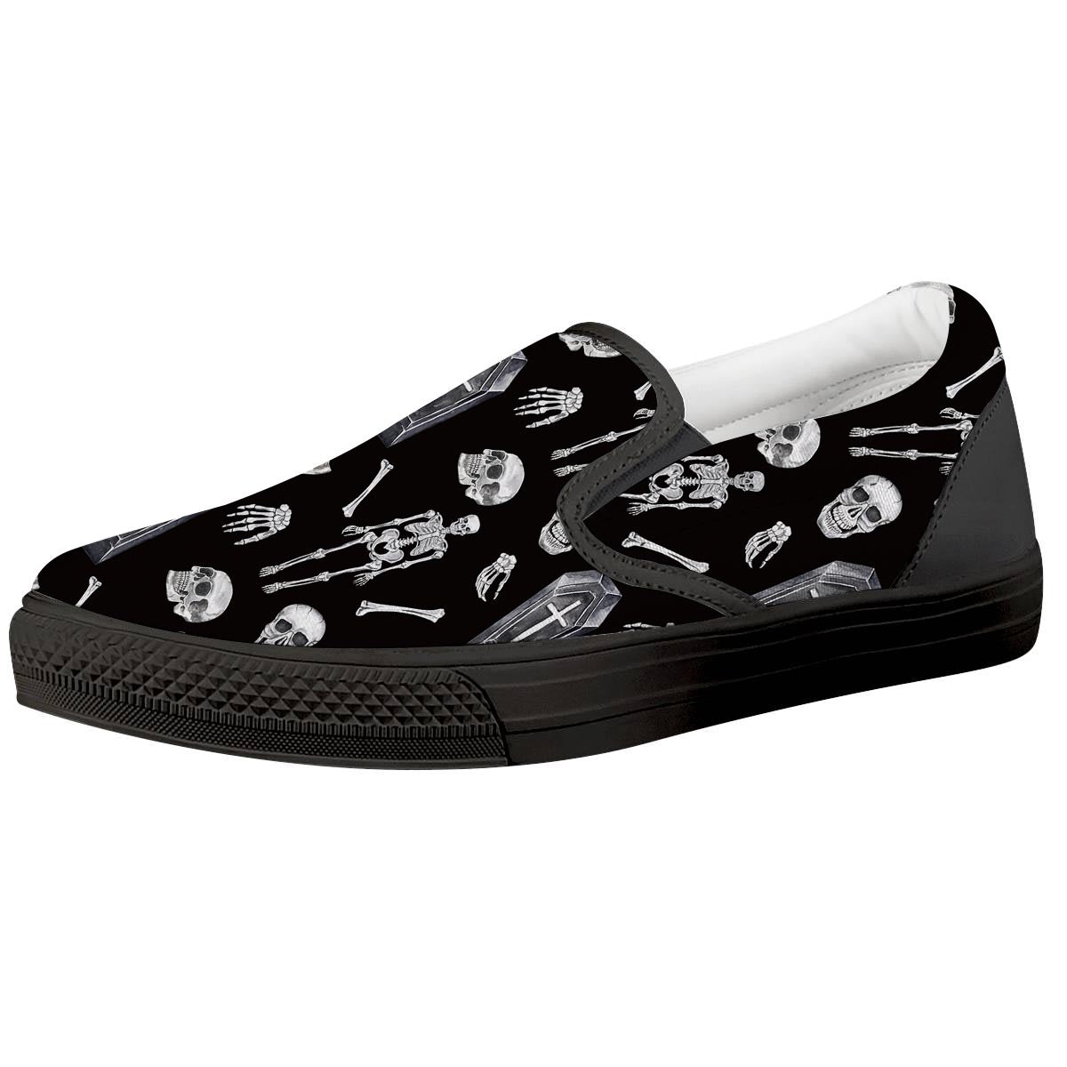 Skeleton And Tomb Print Pattern Black Slip On Shoes-grizzshop
