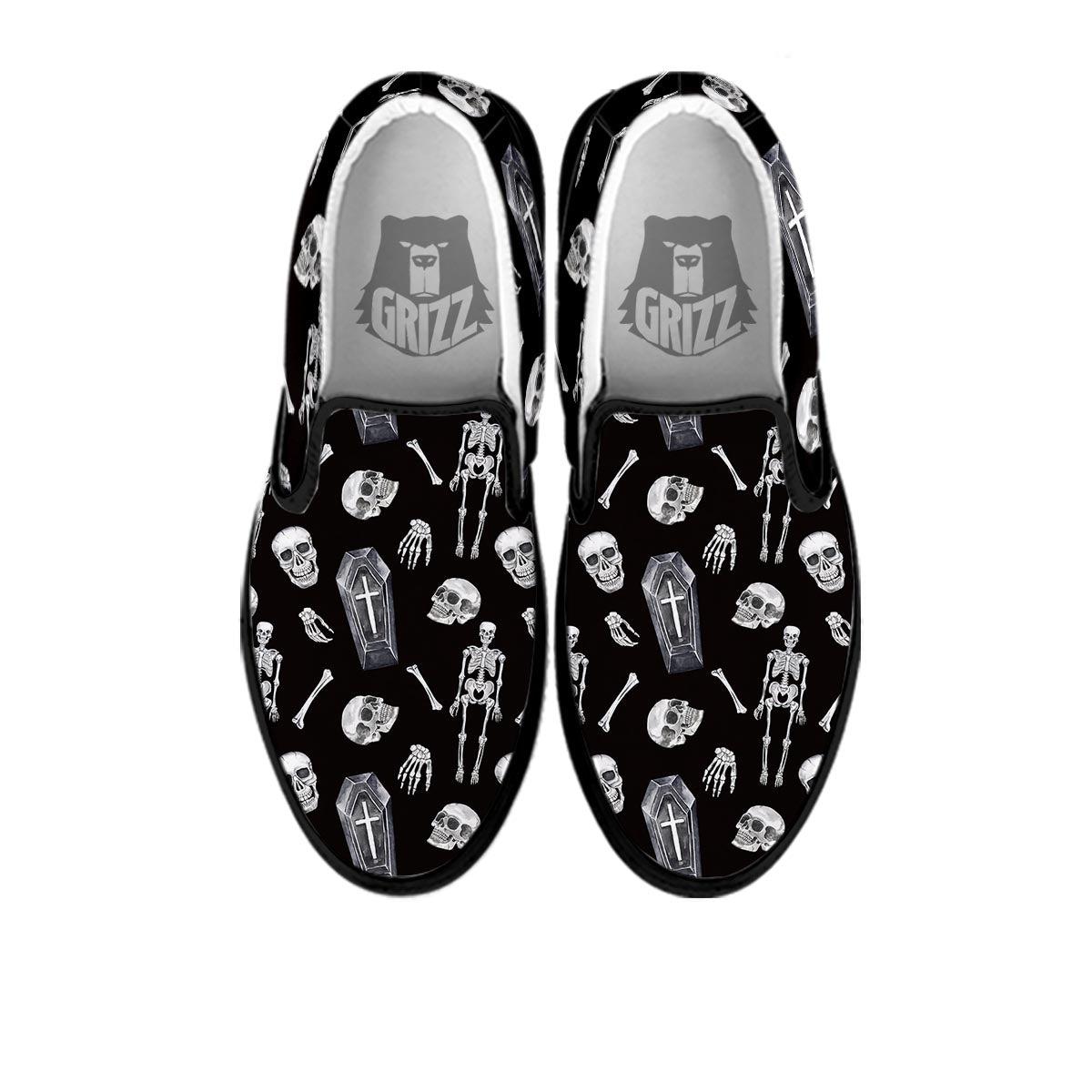 Skeleton And Tomb Print Pattern Black Slip On Shoes-grizzshop
