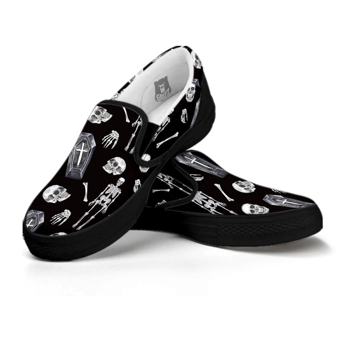Skeleton And Tomb Print Pattern Black Slip On Shoes-grizzshop