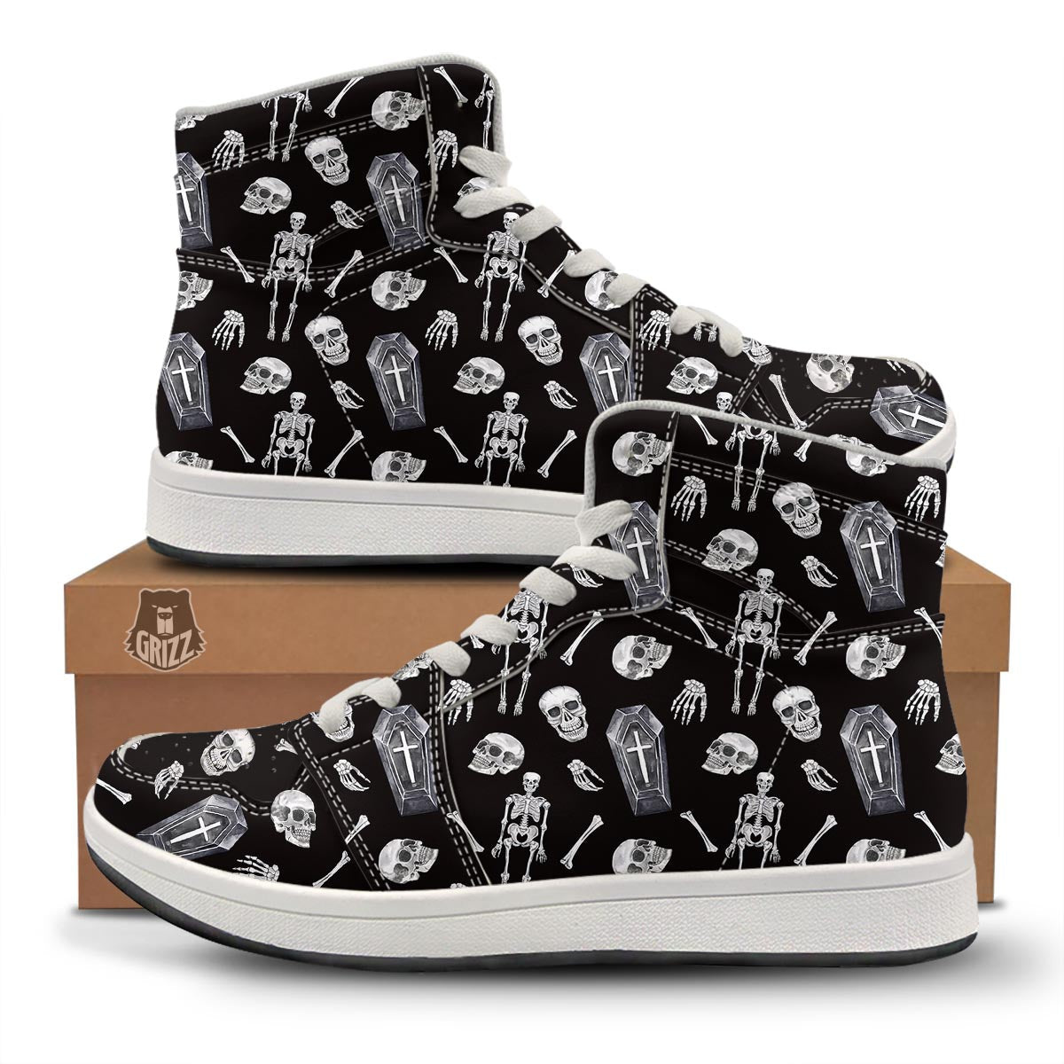 Skeleton And Tomb Print Pattern High Top Sneakers-grizzshop