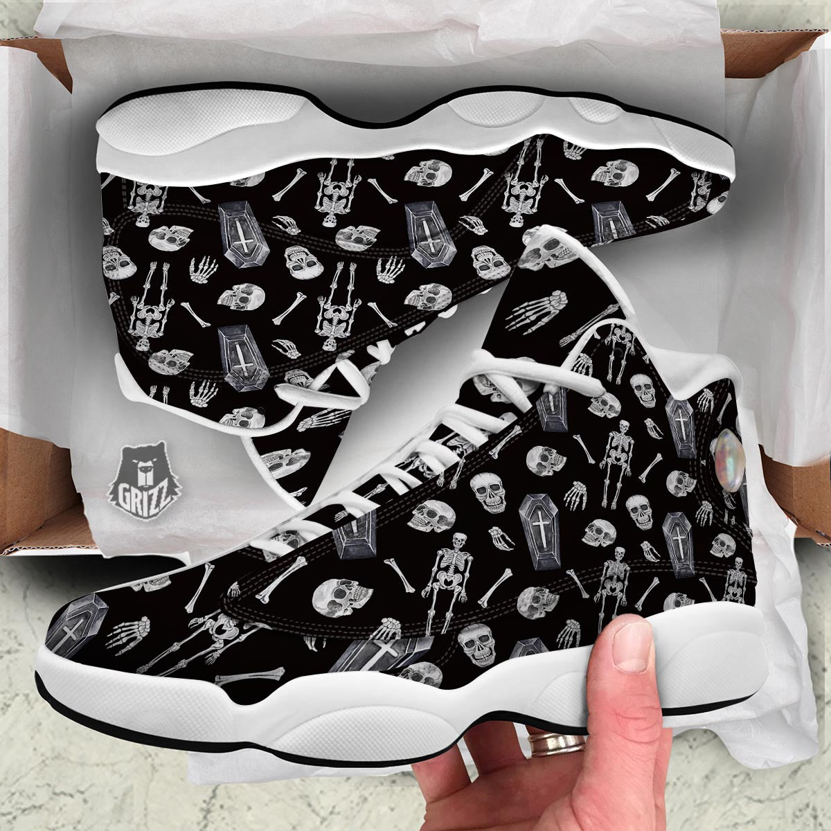 Skeleton And Tomb Print Pattern White Basketball Shoes-grizzshop