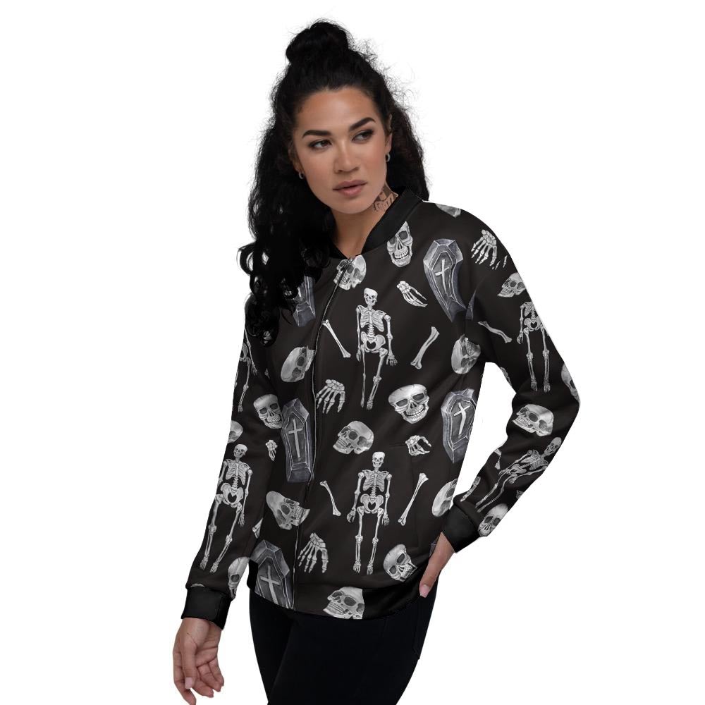 Skeleton And Tomb Print Pattern Women's Bomber Jacket-grizzshop
