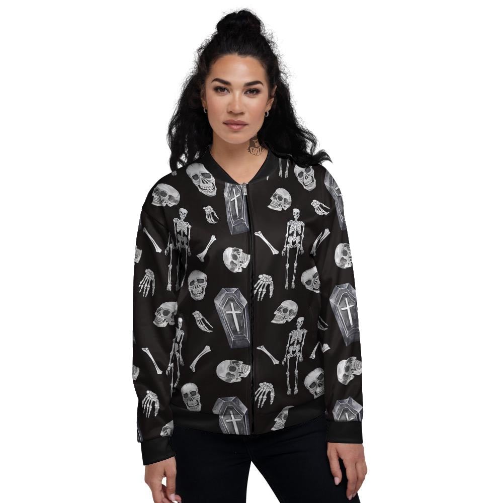 Skeleton And Tomb Print Pattern Women's Bomber Jacket-grizzshop