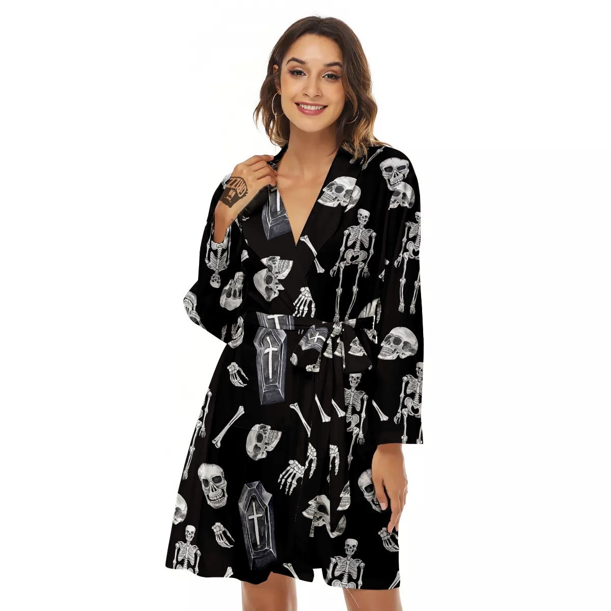Skeleton And Tomb Print Pattern Women's Robe-grizzshop